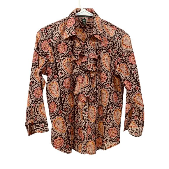 Lauren Ralph Lauren Button Up Ruffle Blouse Petite S Cotton Paisley 3/4‎ Sleeve - Picture 1 of 5